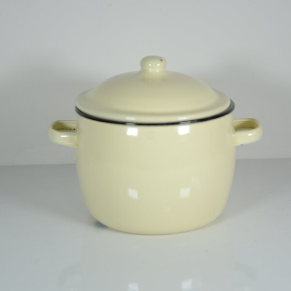 Vintage yellow enamelware small pot with lid