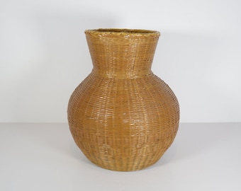 Vintage Rattan Vase | Round Woven Wicker Flower Holder