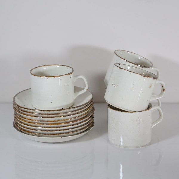 Vintage J&G Meakin Lifestyle Cups and Saucers Set | Speckled White and Brown English Dishware 1960s