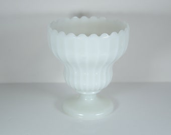 Vintage 1950s Pedestal MilkGlass Compote with scalloped edge and ribbed design