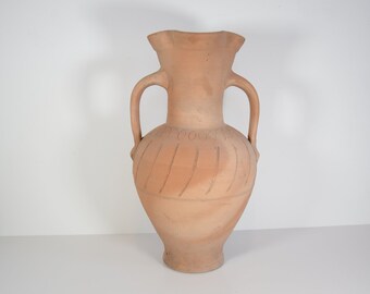 Vintage terracotta handmade Clay Vessel | Large Rustic Pottery Vase with Handles