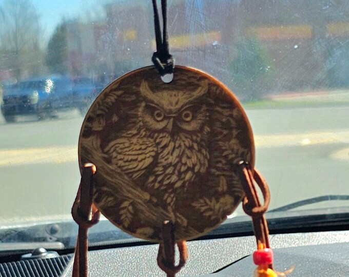 Car Charm/ Rear View Mirror Charm / Car Accessories/Rear View Hanger With Colorful Feathers and Beads/With bead / Feathers /Image of an OWL