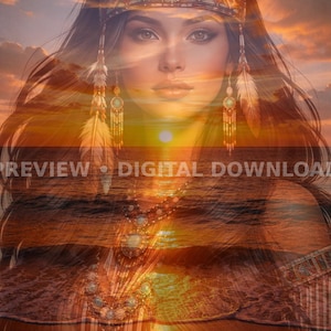 Native Spirit Sunset Wall Art Printable | Ocean Horizon & Ancestral Woman