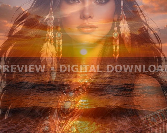 Native Spirit Sunset Wall Art Printable | Ocean Horizon & Ancestral Woman