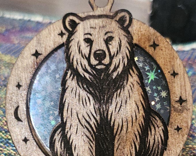 Wooden Bear Pendant – Laser Engraved Totem Necklace with Moon & Stars | Rustic Woodland Spirit Jewelry