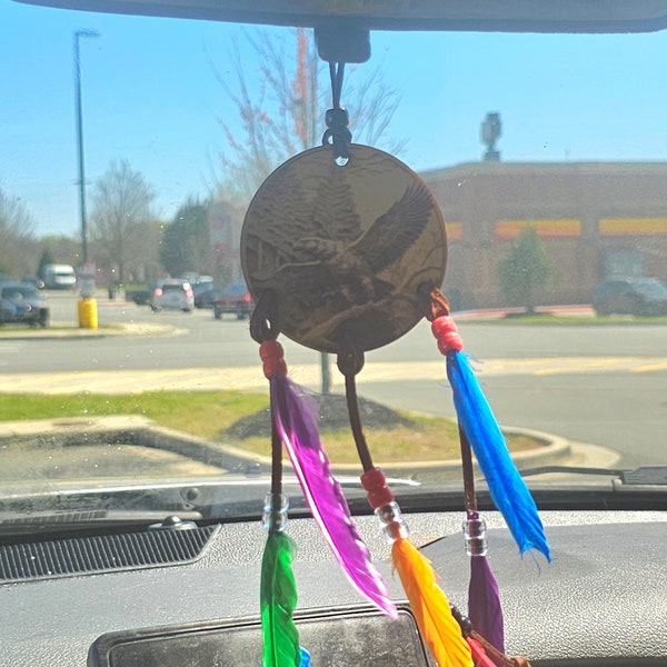 Car Charm/ Rear View Mirror Charm / Car Accessories /Rear View Hanger With Colorful Feathers and Beads / With Image of a Flying Eagle