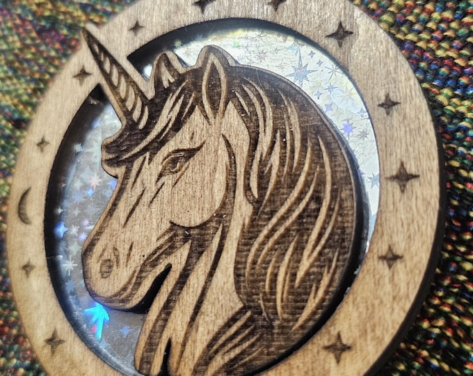 Wooden Unicorn Pendant – Laser Engraved Fantasy Necklace with Moon & Stars | Mystical Totem Jewelry Gift