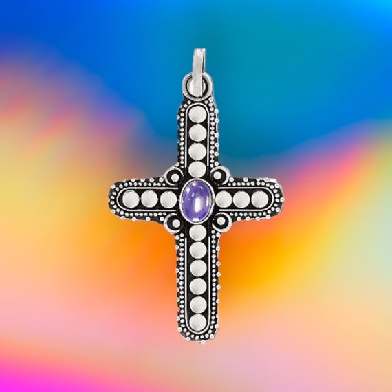 Balinese Sterling Silver Handmade Genuine Stone Cross Pendant