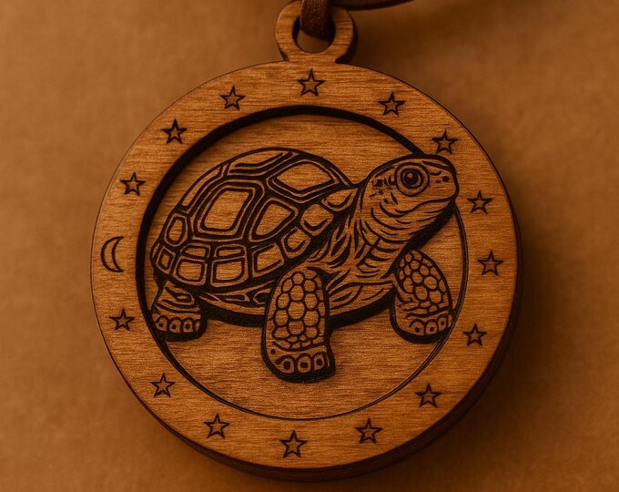 Wooden Tortoise Handmade Pendant Necklace – Celestial Design with Adjustable Leather Cord