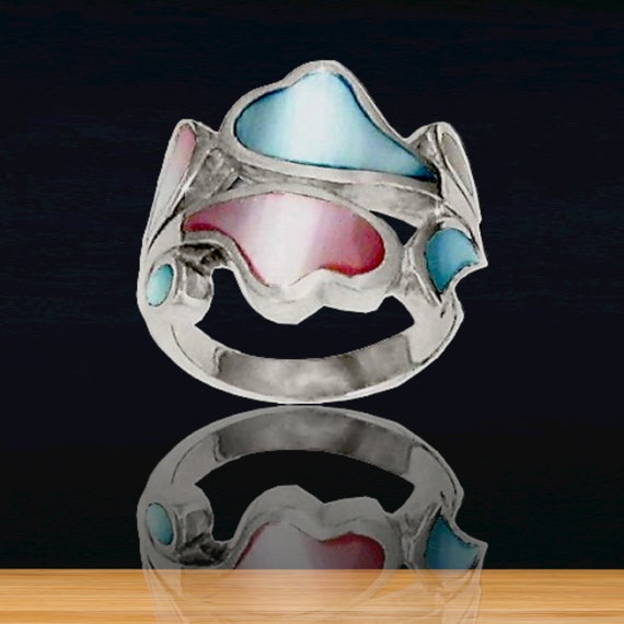 Mystical Mother Of Pearl 925 Sterling Silver Pink and Blue Ring