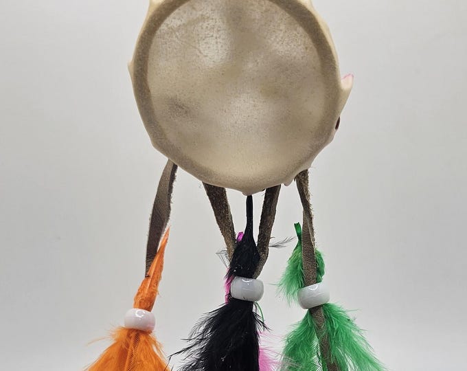 Hand Made Mini Native  American Drum Decorated with Colorful Feathers and Beads