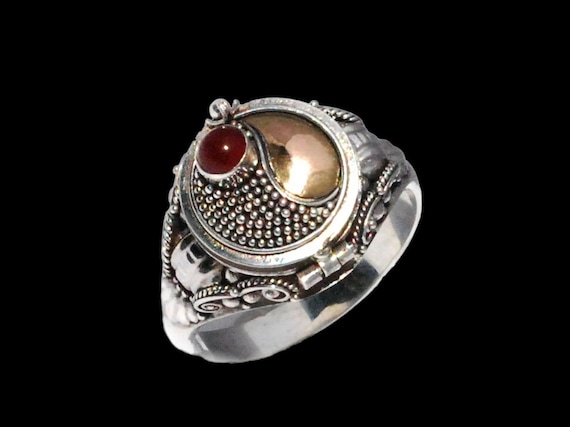 Unveil the Secrets of Bali: Balinese Sterling Silver Ring with Carnelian and 18k Gold Accents and a Hidden Compartment