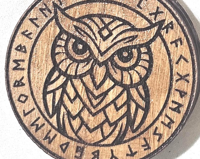 Owl  Pendant with Pirate Cipher Runes – Hand-Engraved Wooden Necklace | Wisdom & Mystery Amulet | Nautical Pirate Symbol Jewelry