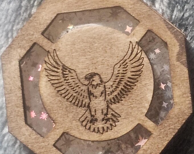 Handmade Layered Wooden Eagle Pendant with Secret SD Card Holder – Octagon Totem Amulet"