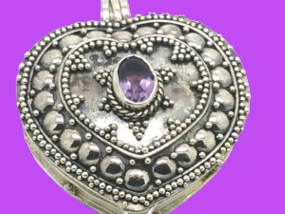 Elegant Amethyst Heart Prayer Box Pendant crafted from Sterling Silver