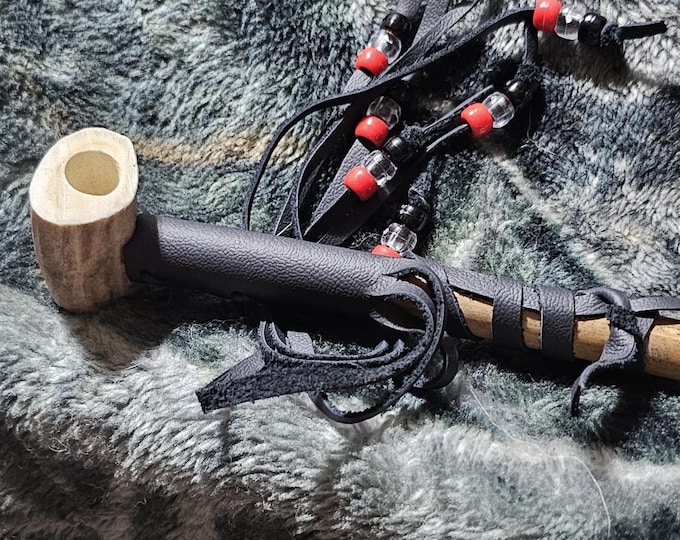 Handcrafted Antler Pipe with Leather & Beaded Tassels – Native-Inspired Ceremonial Style