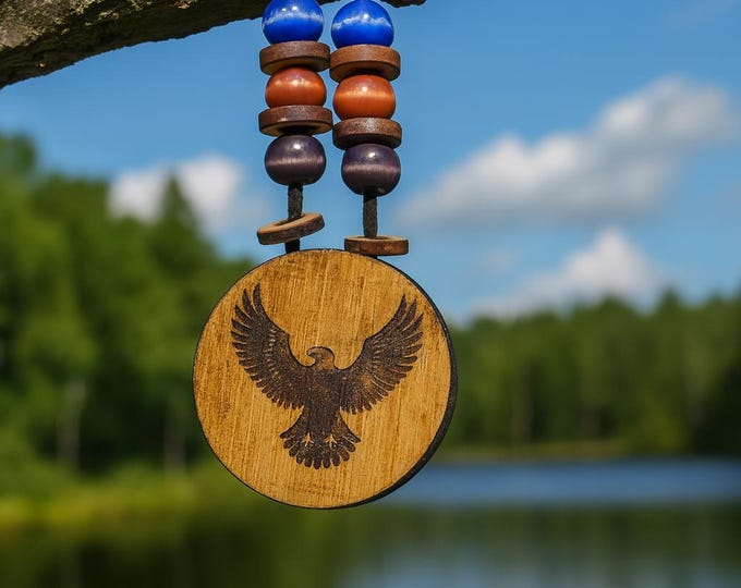 Handmade Wooden Eagle Pendant Necklace – Tribal Style Beaded Cord| Unique Nature Jewelry