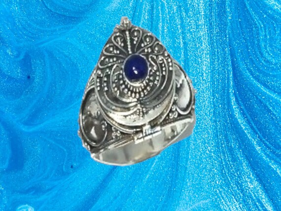 Unleash the Allure of Bali: Sterling Silver Hand-Made Ring with Genuine Lapis gemstone and a Secret Compartment
