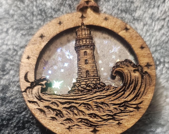 Lighthouse Over the Stars – Handmade Wood  Pendant
