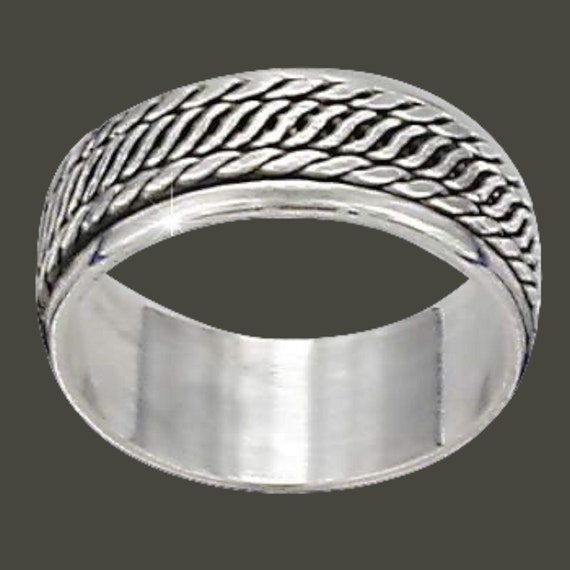 Unleash the Power of Bali: Sterling Silver Twin Edge Rope Center Men's Spinner Ring (Size 13)