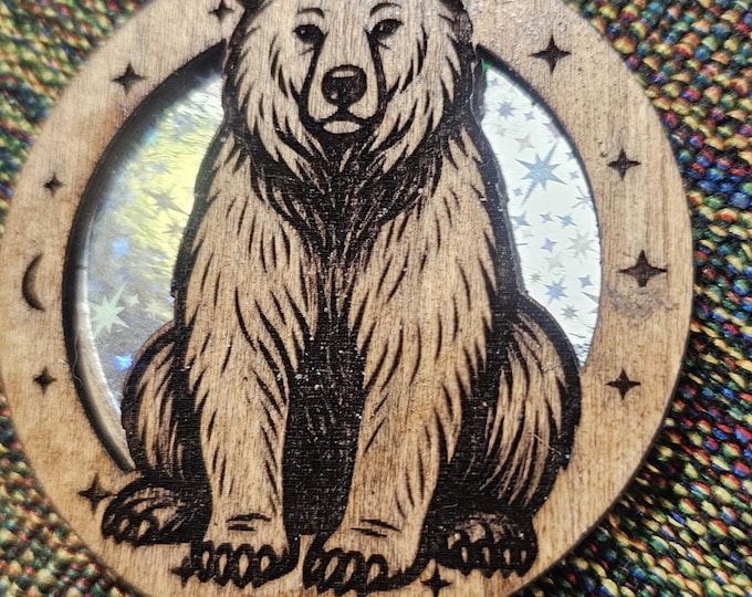 Wooden Bear Pendant – Laser Engraved Totem Necklace with Moon & Stars | Rustic Woodland Spirit Jewelry