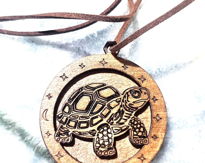 Wooden Tortoise Handmade Pendant Necklace – Celestial Design with Adjustable Leather Cord