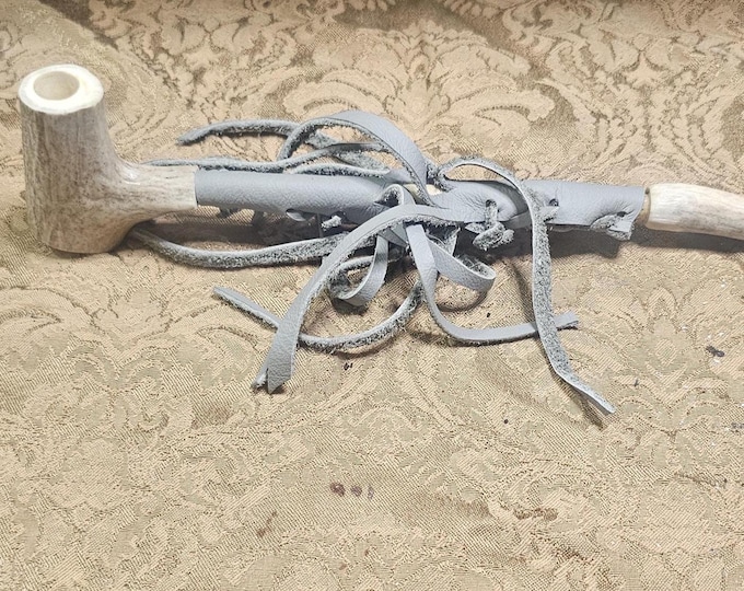 Handmade Deer Antler Pipe | River Cane Stem & Leather Wrap | Primitive Rustic Smoking Pipe