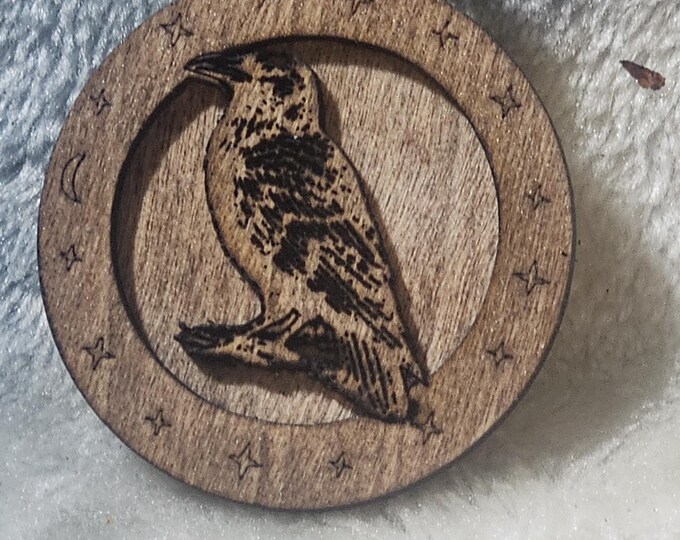 Handmade Wood Raven Pendant – Celestial Rustic Necklace on Adjustable Leather Cord