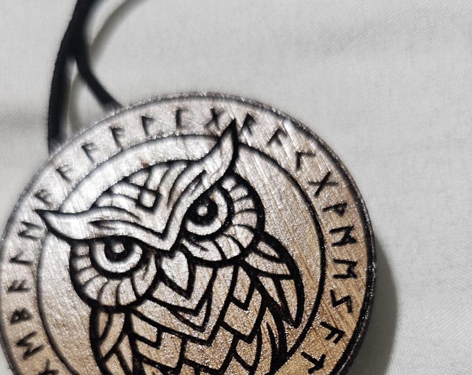 Owl  Pendant with Pirate Cipher Runes – Hand-Engraved Wooden Necklace | Wisdom & Mystery Amulet | Nautical Pirate Symbol Jewelry
