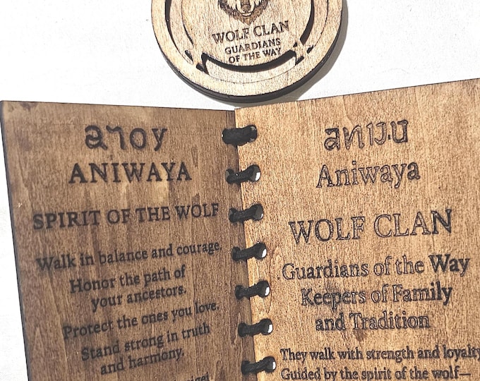 Wolf Clan Wooden Book Pendant Set Cherokee Inspired  Guardians of the Way Hand Engraved Wood Gift for Heritage & Spirit