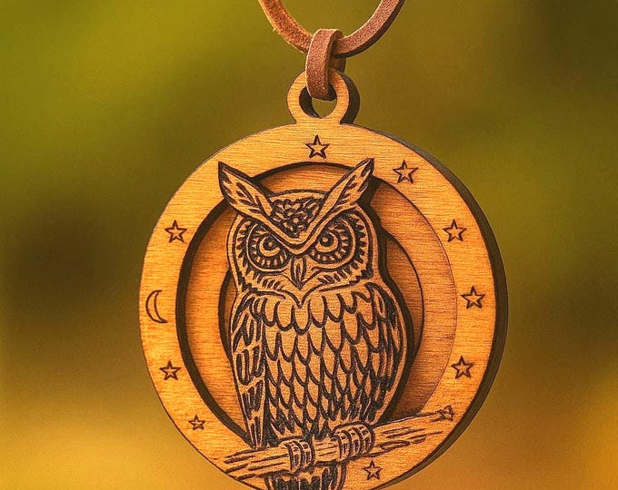 Wooden Owl Handmade  Pendant Necklace – Celestial Design with Flat Leather Cord