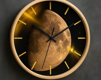 Lunar Wall Clock: Modern Space-Inspired Timepiece with Golden Highlights