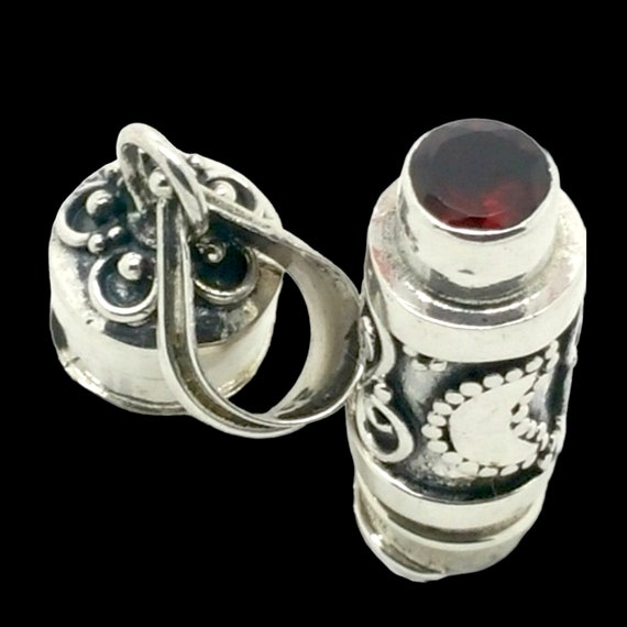 Sterling Silver Moon And Star Cylinder Prayer Box Pendant With Garnet On Bottom