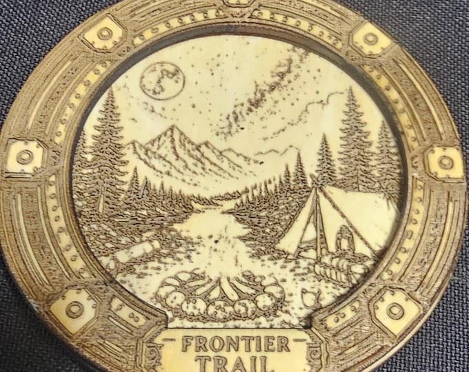 Frontier Trail Camping Pendant – Handmade Wood Wilderness Scene Necklace – Rustic Nature Jewelry