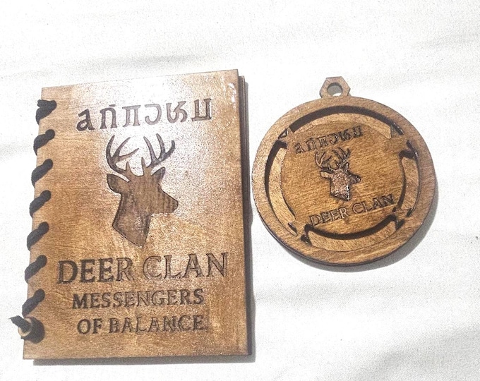 Handmade Deer Clan Pendant with Mini Wood Book – Cherokee Anisahoni Symbol