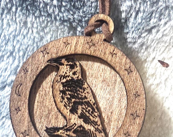 Wooden Handmade  Raven Pendant – Celestial Rustic Necklace on Adjustable Leather Cord