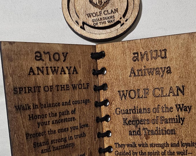 Wolf Clan Wooden Book Pendant Set Cherokee Inspired  Guardians of the Way Hand Engraved Wood Gift for Heritage & Spirit