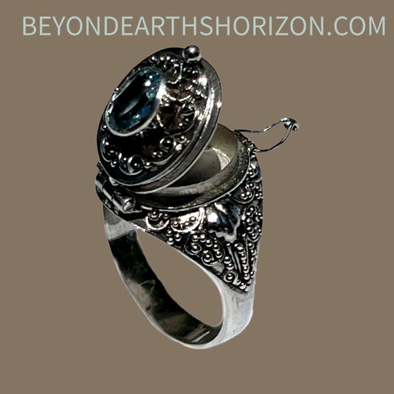 Sterling Silver Bali Handmade Ring with Blue Topaz Gemstone With Secret Compartment
