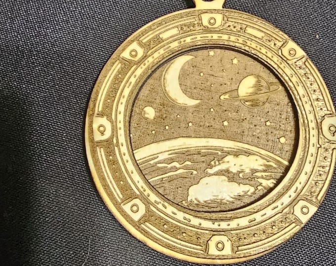 Celestial Moon & Planet Wooden Pendant – Laser Engraved Space Pendant