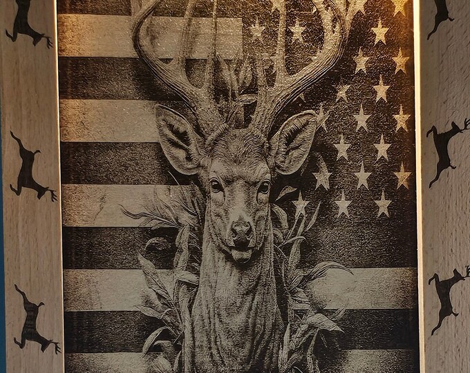 Lighted Frame With Laser engraved Image of a Deer On An American Flag Background