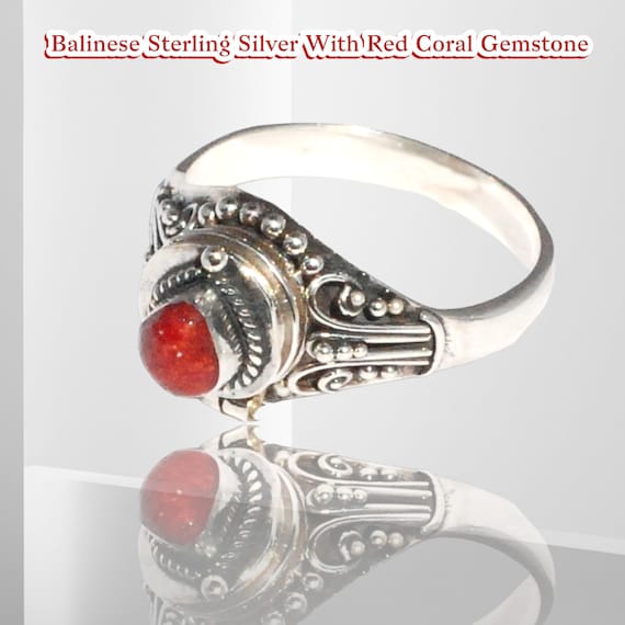 Balinese Sterling Silver With Red Coral Gemstone Ring with Secret Compartment