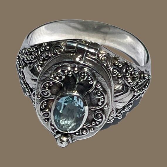 Sterling Silver Bali Handmade Ring with Blue Topaz Gemstone With Secret Compartment