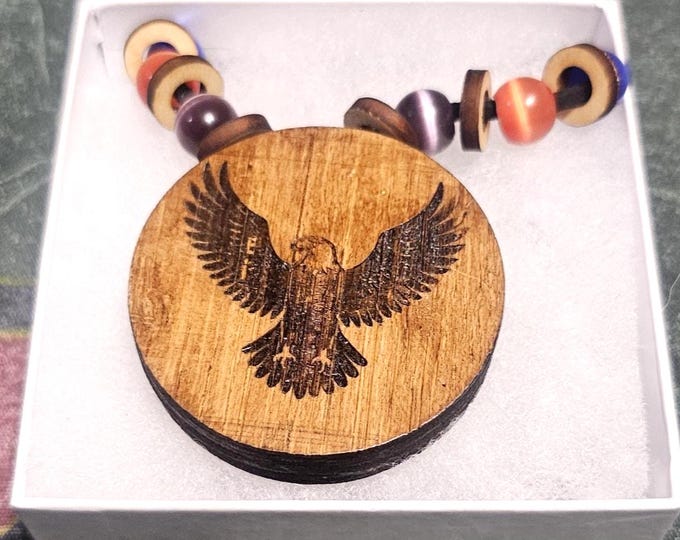 Handmade Wooden Eagle Pendant Necklace – Tribal Style Beaded Cord| Unique Nature Jewelry