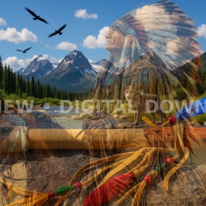 May include: A digital download image featuring a Native American theme. A peace pipe rests on a rock in front of a river and mountains. A Native American chief is superimposed over the landscape, with eagles soaring in the sky.
