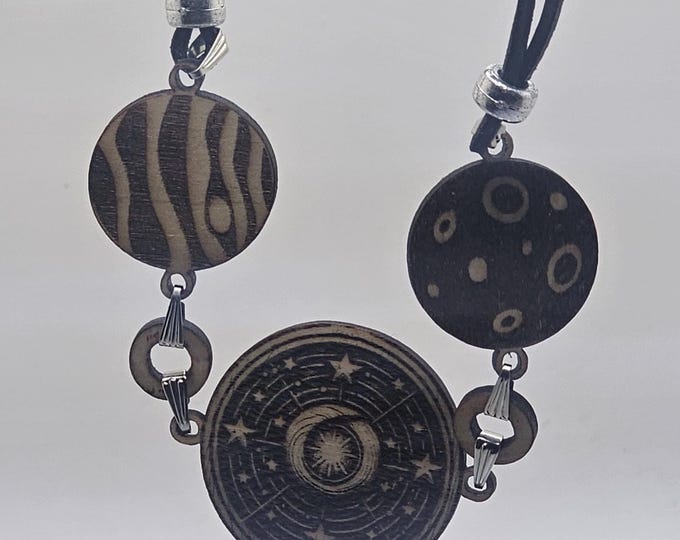 Handcrafted Handmade Necklace Charm With Planets-Moon-Stars 24 inch Adjustable Cord