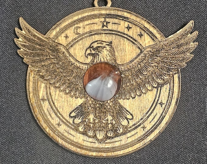 Handmade Eagle Wood Pendant w/ Marble Stone Inlay – Large 3” Statement Piece