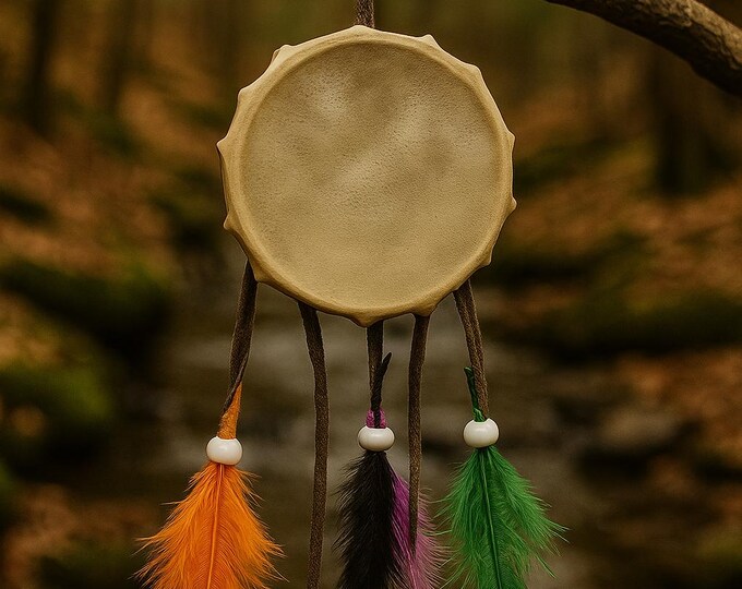 Hand Made Mini Native  American Drum Decorated with Colorful Feathers and Beads