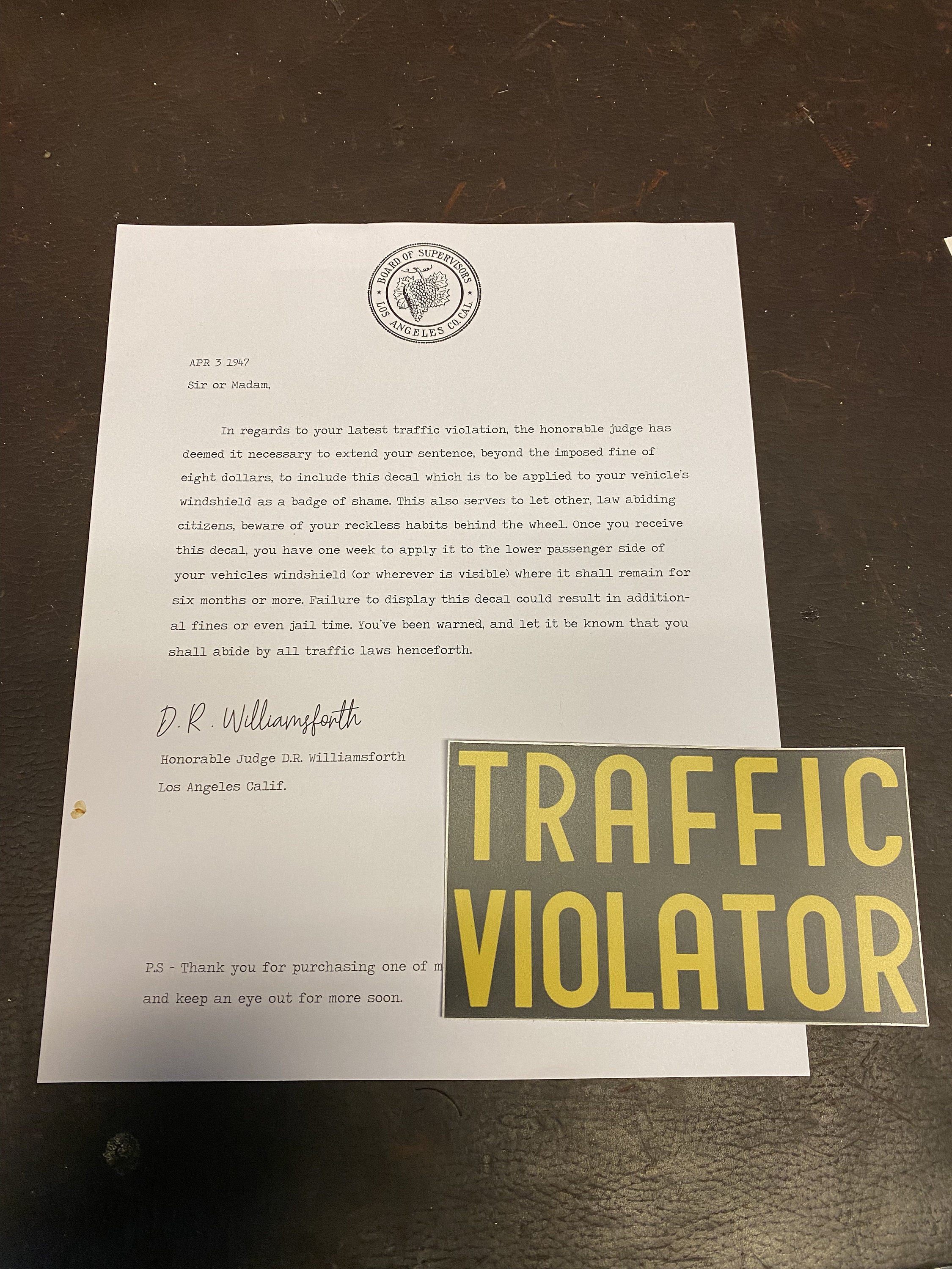 Traffic Violator Sticker - Full Size AND Chopped Car Replica - Novelty ...