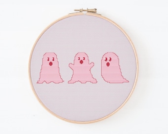 Pink Ghosts Cross Stitch Pattern: Kawaii Halloween Embroidery (PDF Download 9x3 Inch)