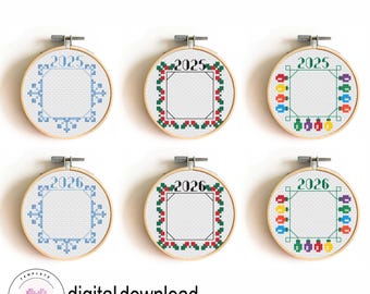 Mini Cross Stitch Frames Bundle | 6 Christmas Frame Patterns | Holly Berries, Snowflake & Lights | Beginner Ornament Stitching | PDF